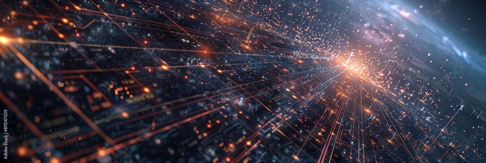 Poster digital rendering of a metropolis with quantum entanglement networks, featuring a towering skyscrape