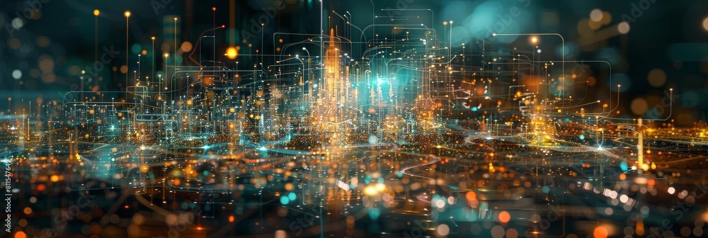 Poster digital rendering of a metropolis with quantum entanglement networks