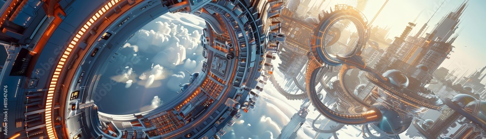 Poster digital rendering of an orbital megacity with artificial gravity, featuring a large clock and a buil