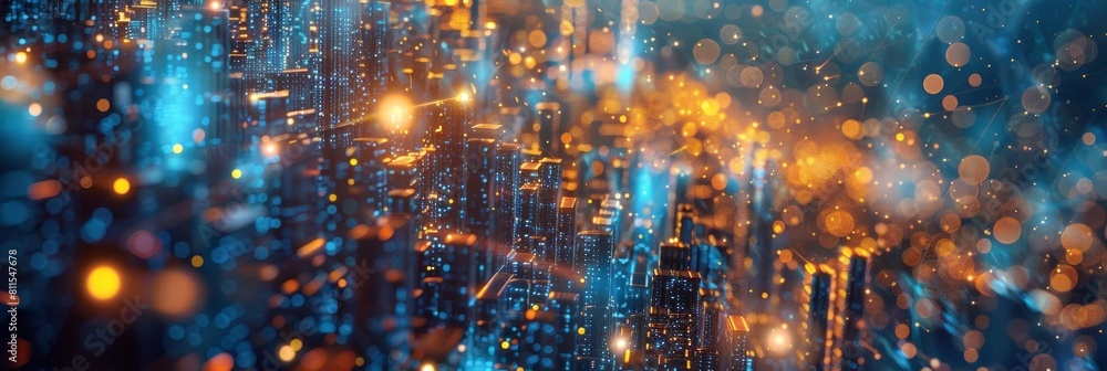 Poster digital rendering of a metropolis with quantum entanglement networks