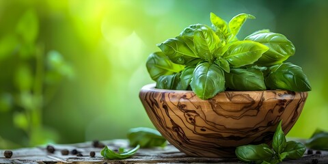 Wooden mortar and basil: a natural alternative for essential oils and aromatherapy. Concept Herbal Remedies, Essential Oils, Aromatherapy, Natural Healing, Basil Benefits