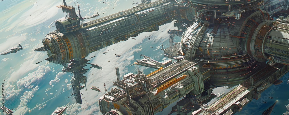 Poster digital rendering of an orbital megacity with artificial gravity, featuring a large building in the 