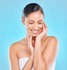 Skincare, beauty or happy Indian woman with natural facial shine with dermatology cosmetics in...