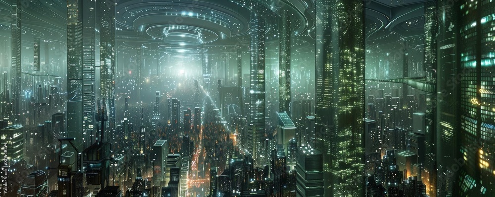 Poster digital visualization of a megacity powered by fusion reactors into a city, featuring a towering sky
