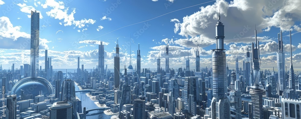 Poster digital visualization of a megacity powered by fusion reactors, featuring a towering skyscraper, a b
