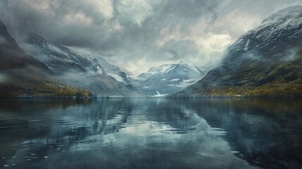 The Norwegian fjords, captured in the style of Turner's Romanticism, art style. copy space for text.