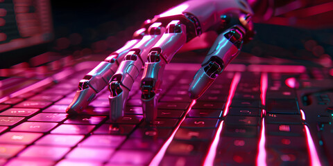 A robot hand on a keyboard with a purple light. Robot hand wielding judges handed. 

