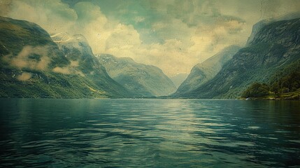 The Norwegian fjords, captured in the style of Turner's Romanticism, art style. copy space for text.