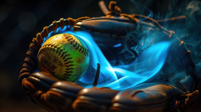 Close-up of a softball glove catching the ball with a hint of blue flame for dramatic effect.