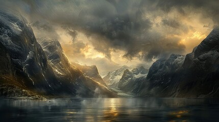 The Norwegian fjords, captured in the style of Turner's Romanticism, art style. copy space for text.