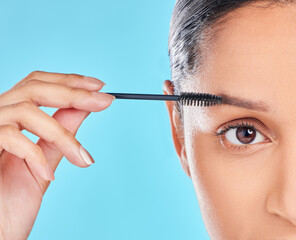 Portrait, eyebrows and girl with mascara makeup for beauty, cosmetics product or wellness in...