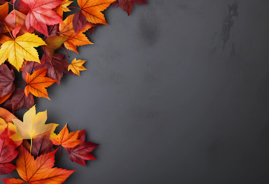 Autumn background with colored leaves on dark gray paper, shown from above