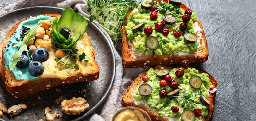 Vegetarian toasts with hummus, blueberry, avocado, tomato. delicious vegan breakfast on dark...