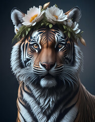 Tiger wearing a flower crown, portrait style, regal symbol of courage, strength and feminine aspects	