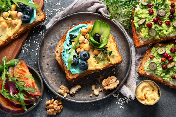 Vegetarian toasts with hummus, blueberry, avocado, tomato. delicious vegan breakfast on dark background