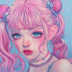 Una interesante ilustración de una chica harajuku con pelo rosado