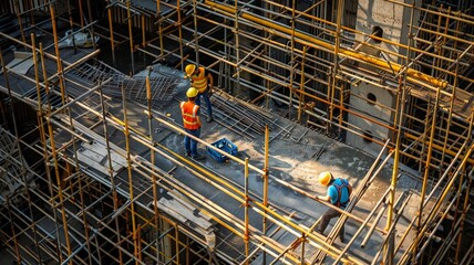 A detailed view of construction workers engaged in their tasks among layers of scaffolding at a busy urban building site.