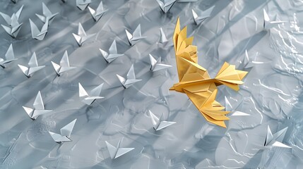 Golden Origami Eagle Soaring Above a Silver Flock A Symbol of Ambition and Guidance Generative ai