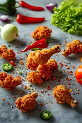 Delectable crunchy chicken, expertly cooked, still warm and incredibly appetizing, accompanied by potato fries, sliced onions, sliced chilies, sliced peppers, and sliced tomatoes, presented on wood.