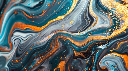 Swirling blues and golds in a mesmerizing abstract pattern