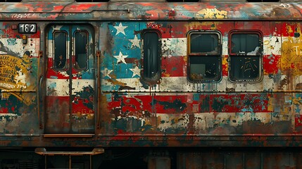 The US flag as a graffiti mural on a subway train, with bold, stylized stripes and creatively altered stars.