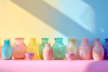 A row of colorful vases on a pink wall.