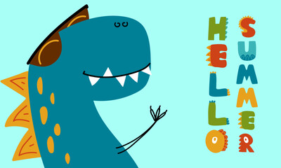 Hello summer. Print with a funny dinosaur in sunglasses. Dino lettering. Summer poster