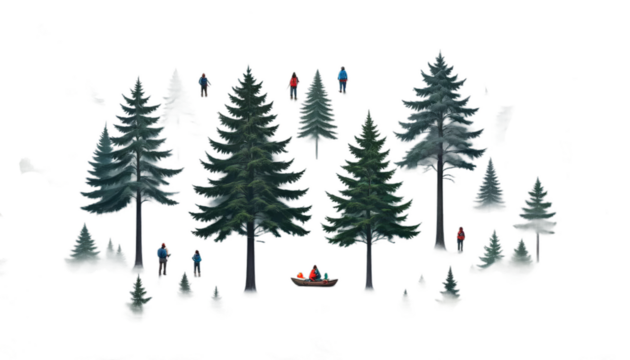 huge illustration mist digital painting family woods trees activity big boy children countryside daughter environment fall fantasy father fog foggy foliage forest giant girl green hiking landscape