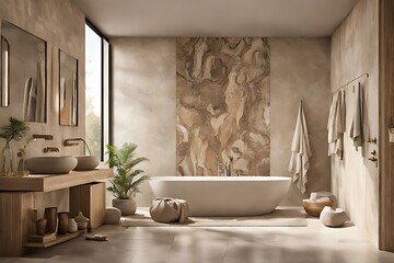  Serene Sanctuary Bathroom with Neutral Beige and Taupe Palette, Organic Elegance, and Natural...