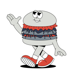 Funky burger character with happy smile face in retro groovy style. Trendy fast food stickers. Cool maskot for cafe, bar, restaurant.