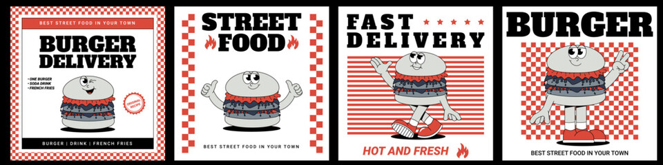 Funky burger card set in retro groovy style. Trendy illustration. Cool maskot for cafe, bar, restaurant. Vector illustration