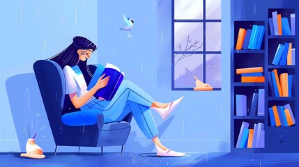 Fototapeta premium Woman lost in the tranquility of literature, surrounded by books