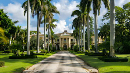 Obraz premium Luxurious mansion with palm trees in Miami Beach,Mansion entrance in a tropical location, Classic architecture style home in the historic coastal gulf residential district of Old Naples