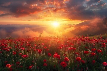 A beautiful sunset over a field of red poppies.