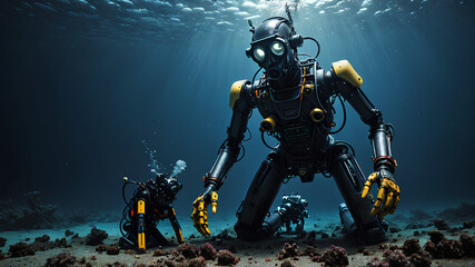 AI image generate robotic diver doing dangerous work on the seabed