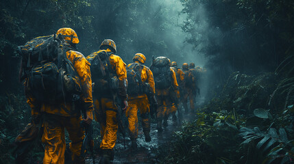 A group of men in yellow rain gear are walking through a forest