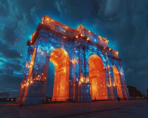 3D animated scene of a national monument lit up with projection mapping showing historical moments for Independence Day