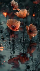 A group of orange poppies in water.