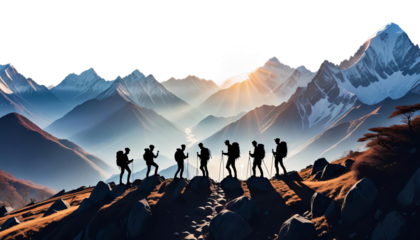 asia sunlight hiking lp silhouette other mountains each group mountain climbing helping help people team teamwork adventure friends leader climb sunset together hand concept nature cliff young
