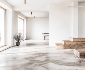 Fototapeta premium Minimalist interiors design in Scandinavian style with minimal decor and copyspace