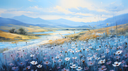 azure flower field oil painting background poster decoration painting