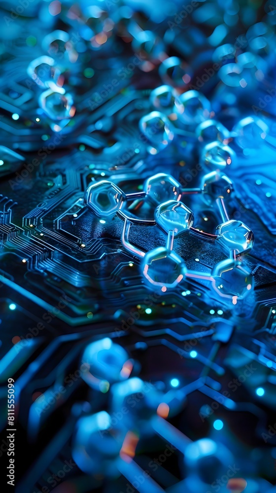 Poster futuristic digital circuit board with illuminating microchips and interconnections