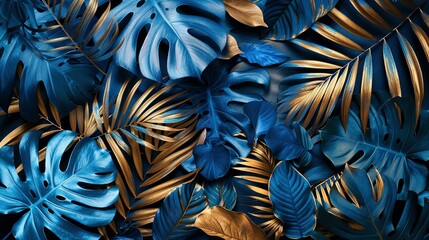 Tropical Elegance: Blue and Gold Leaf Oasis