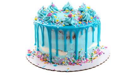 Birthday Cake with a blue ganache drip and colorful sprinkles isolated on transparent background 