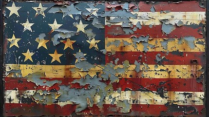 The US flag depicted as a piece of weathered street graffiti on an abandoned factory, showcasing a blend of history and modern art.