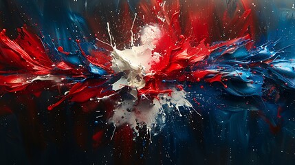 The US flag depicted as a storm of ink splatters, with dynamic red and blue droplets swirling around a central cluster of white splashes.
