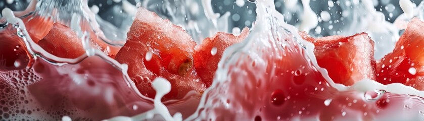 Surreal slow motion shot of watermelon pulp and milk blending, framed with significant negative space for creative layouts