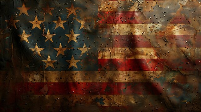 The US flag depicted as an aged tapestry hanging on a barn wall, with faded colors and worn texture.