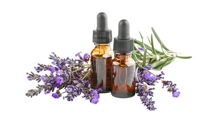 Bottles of essential oil and lavender flowers isolated on transparent background 
