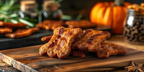 Homemade Healthy Pumpkin Bacon Dog Biscuits: Creative Banner Image. Concept Homemade Dog Treats, Healthy Recipes, Pumpkin Bacon Biscuits, Creative Food Photography, Banner Image
